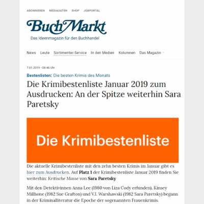 Die Krimibestenliste Januar 2019 zum Ausdrucken: An der Spitze weiterhin Sara Paretsky